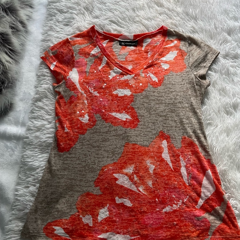 INC International Concepts Women's Floral V-Neck Top - Orange and Brown